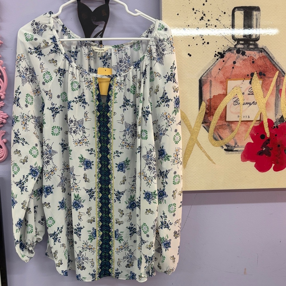 Max Studio White Peasant Tunic with Blue & Green Floral Print